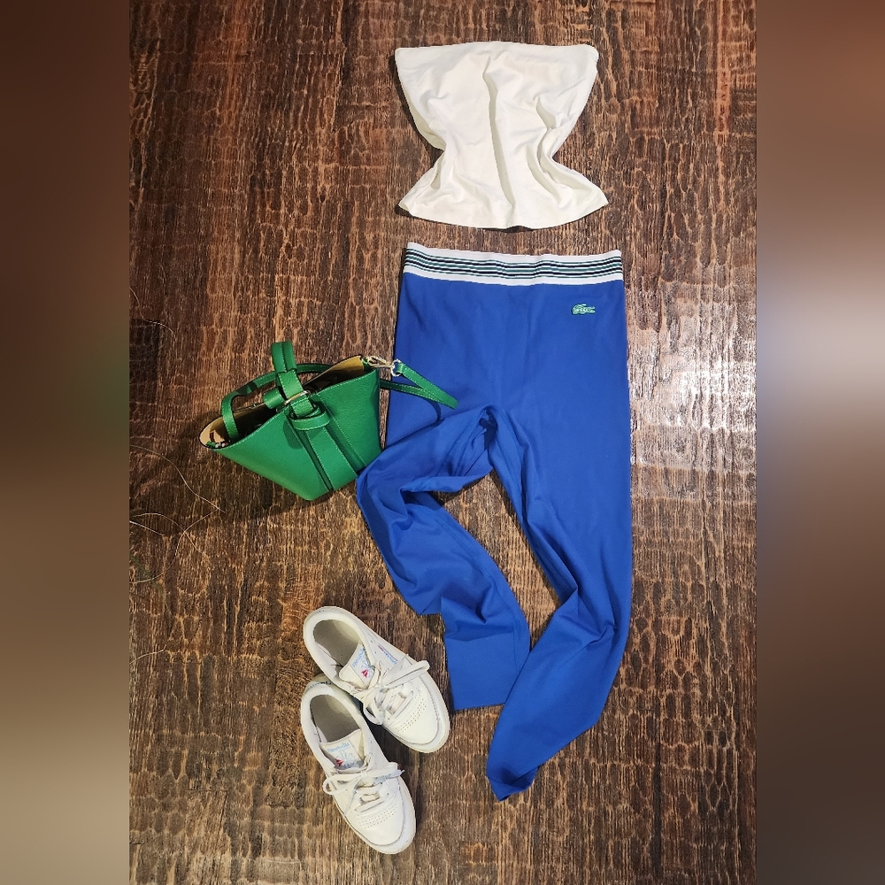 Bandier Cobalt Leggings with Retro Athletic Band and Alligator Logo